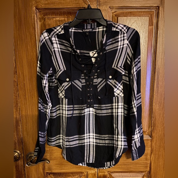 Express Tops - Express Black and White Plaid Lace-Up Button Down Shirt